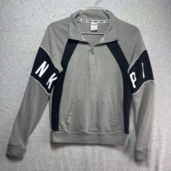Victorias Secret PINK Pullover Sweater Medium Black Gray White 1/4 Zip Pocket - Picture 1 of 7